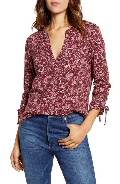 Lucky Brand Floral-print 3/4-sleeve Top In Burgundy Multi