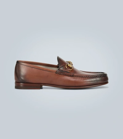 Gucci Roos Horsebit Burnished-leather Loafers In Brown