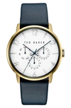 Ted Baker Multifunction Leather Strap Watch, 42mm In White/ Blue