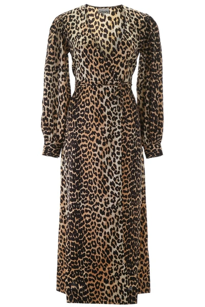 Ganni Leopard-print Crepe De Chine Wrap Dress In Black