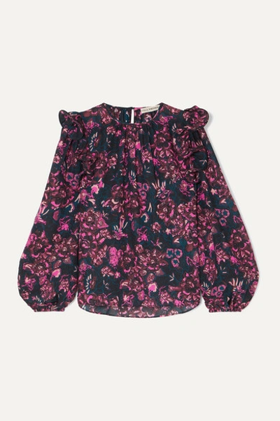 Ulla Johnson Medine Ruffled Floral-print Cotton-blend Voile Blouse In Dark Purple