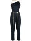 Oscar De La Renta Embellished One-shoulder Wool-blend Twill Jumpsuit In Navy