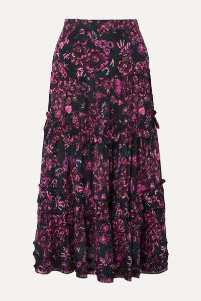 Ulla Johnson Amalia Tiered Floral-print Cotton-blend Voile Midi Skirt In Dark Purple