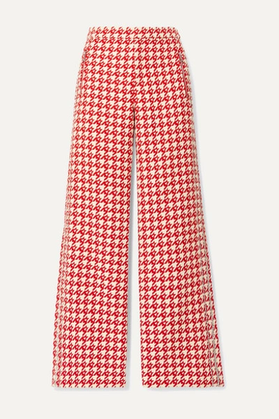 Area Crystal-embellished Houndstooth Wool-blend Wide-leg Trousers In Red