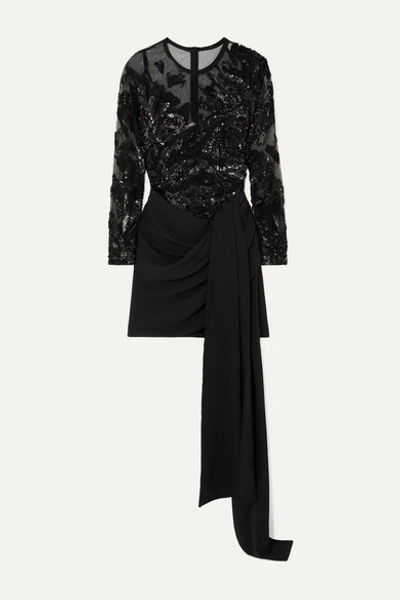Elie Saab Sequin-embellished Tulle And Draped Cady Mini Dress In Black