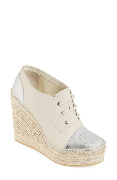 Gucci Pilar Metallic Leather Lace-up Wedge Platform Espadrilles In White/ Silver