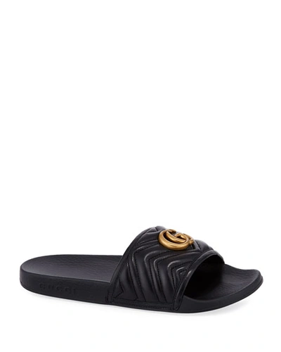 Gucci Pursuit Flat Leather Slide Sandals In Black