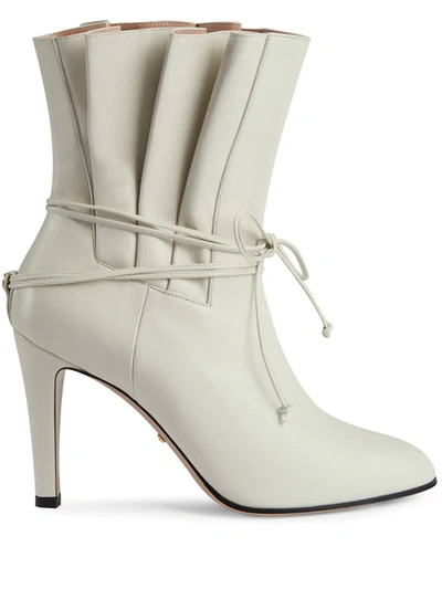 Gucci Indya 95mm Leather Pleated Tie Booties In White