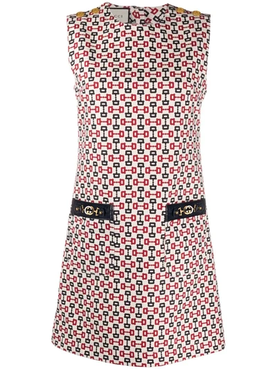 Gucci Sleeveless Printed Cotton Canvas Chain Print Dress With Leather Details In Ivory/ Blue/ Red