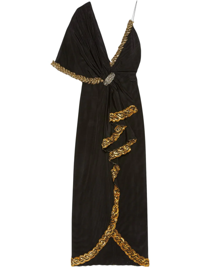 Gucci Naomi Embroidered Asymmetric Silk/viscose Dress In Black