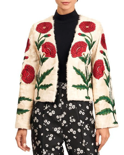 Oscar De La Renta Lamb Fur Jacket With Poppy Embroidery In Beige