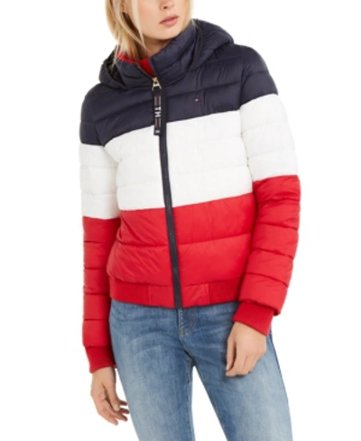 Tommy Hilfiger Tri-color Hooded Cropped Jacket In Sky Captain/bright  White/scarlet | ModeSens
