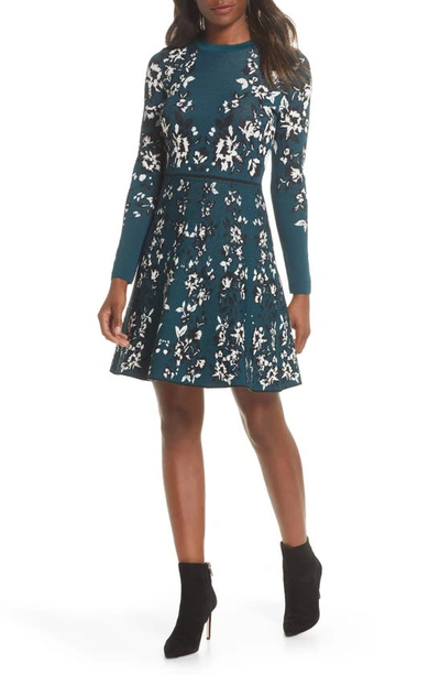 Eliza J Floral Long Sleeve Fit & Flare Sweater Dress In Green