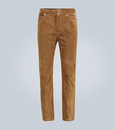 Saint Laurent Men's Skinny 5-pocket Suede Jeans In Camel