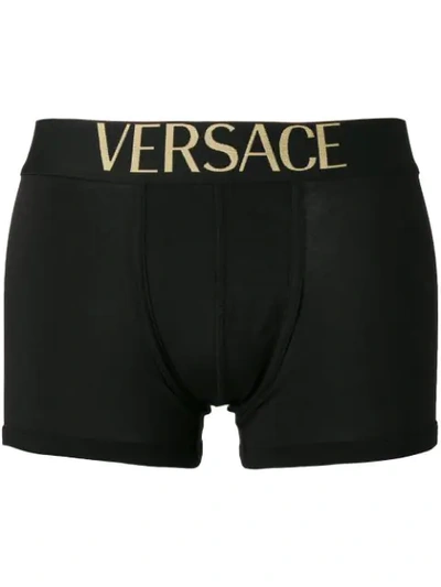 Versace Logo Stretch Cotton Jersey Boxer Briefs In Black