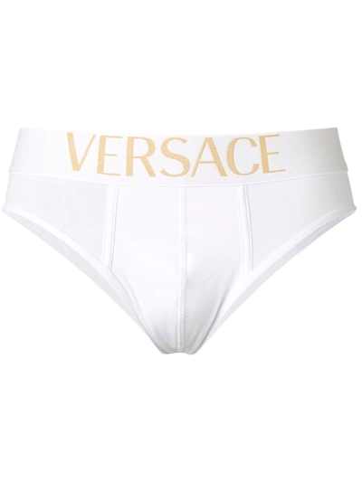 Versace Logo-jacquard Cotton Briefs In Bianco