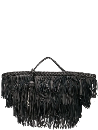 Saint Laurent Panier Tiered Fringe Leather Tote In Black