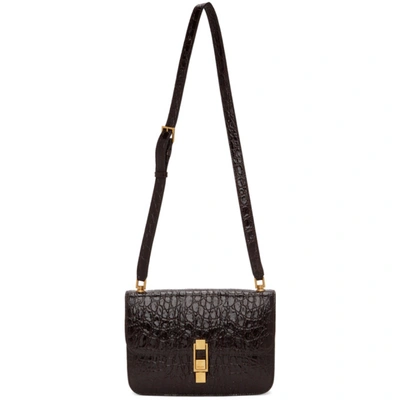Saint Laurent Carre Medium Croc-effect Leather Shoulder Bag In Brown/gold
