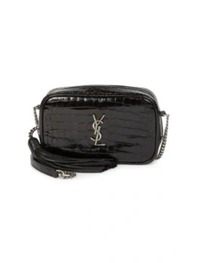 Saint Laurent Mini Lou Croc-embossed Patent Leather Camera Bag In Black
