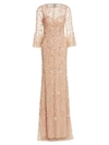 Theia Flounce-sleeve 3-d Embroidered Gown In Blush