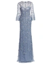 Theia Flounce-sleeve 3-d Embroidered Gown In Periwinkle