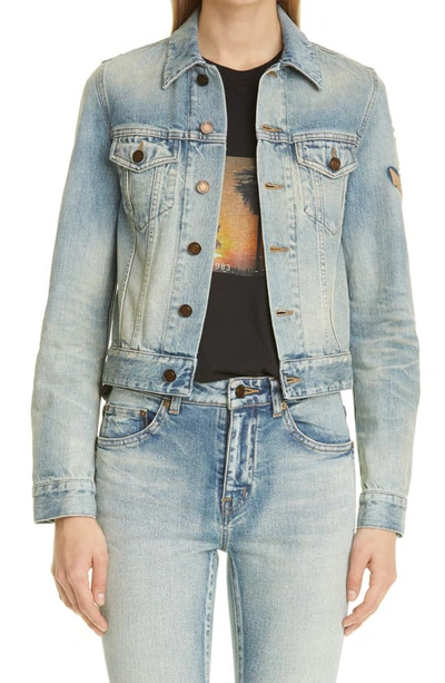 Saint Laurent Anchor Embroidery Cropped Denim Jacket In Blue