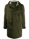 Ten C Hooded Single Pocket Parka Coat In Green