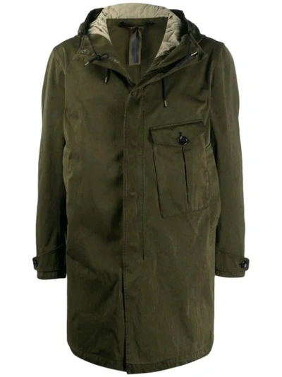 Ten C Hooded Single Pocket Parka Coat In Green