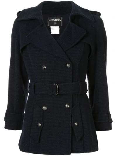 Pre-owned Chanel Woven Fitted Belted Jacket In Blue