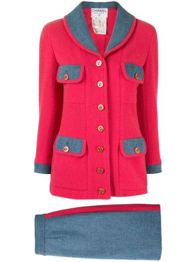 Pre-owned Chanel Woven Denim Skirt Suit In Red