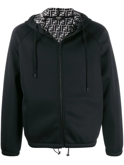 Fendi Monogrammed Lining Zipped Hooded Jacket In Black