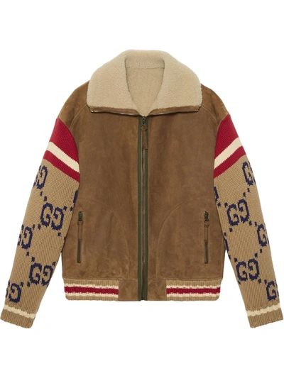 Gucci Knitted Sleeve Shearling Suede Jacket In Brown