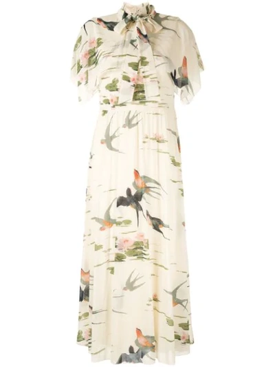 Red Valentino Swallow Print Dress In White