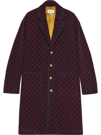 Gucci Monogram Pattern Single-breasted Coat In Blue