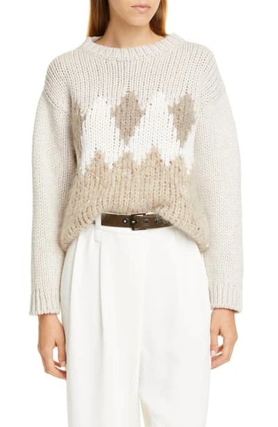 Brunello Cucinelli Sequin Argyle Wool, Cashmere & Silk Sweater In Oat Desert