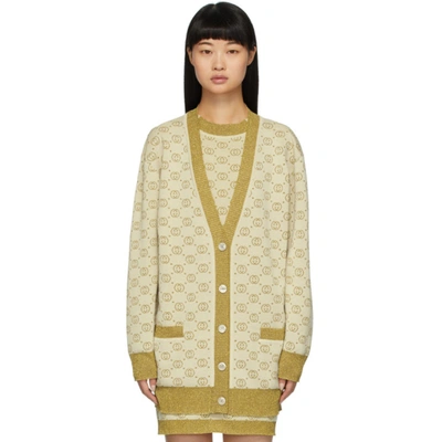 Gucci Interlocking-g Metallic Jacquard Wool Blend Cardigan In Gold