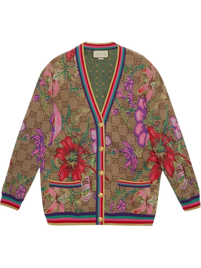 Gucci Metallic Floral Double G Wool Blend Cardigan In Multicolor