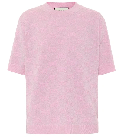 Gucci Gg Logo Metallic Jacquard Wool Blend Sweater In Pink