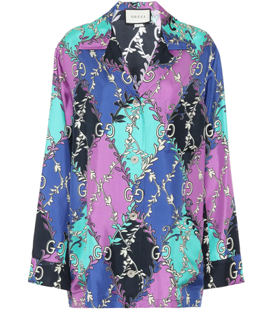 Gucci Gg Rhombus Ramage Print Silk Twill Shirt In Blau