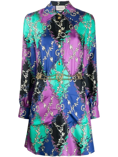 Gucci Rhombus Print Long Sleeve Silk Shirtdress In Multicolor