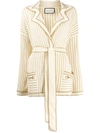 Gucci Metallic Stripe Wool Blend Wrap Sweater Jacket In Ivory/ Gold