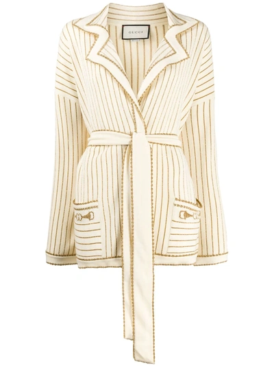 Gucci Metallic Stripe Wool Blend Wrap Sweater Jacket In Ivory/ Gold
