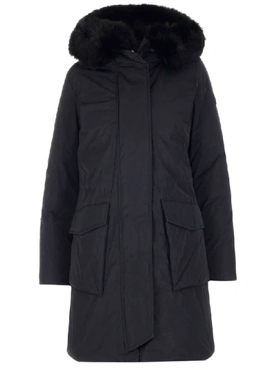 Woolrich Fox Fur Hooded Parka Coat In Black