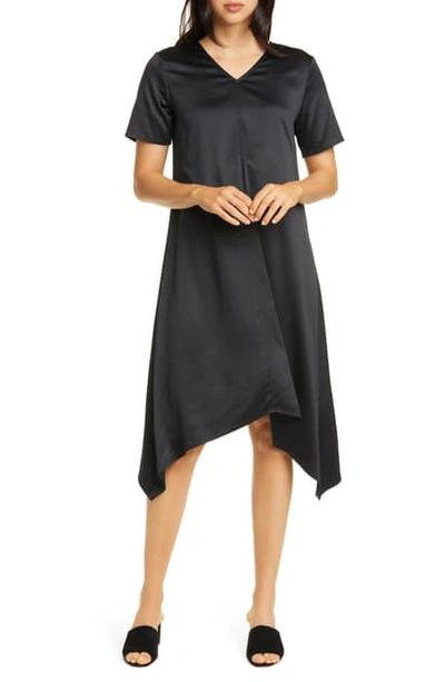 Eileen Fisher Satin V-neck Short-sleeve Asymmetric Hem Dress In Black