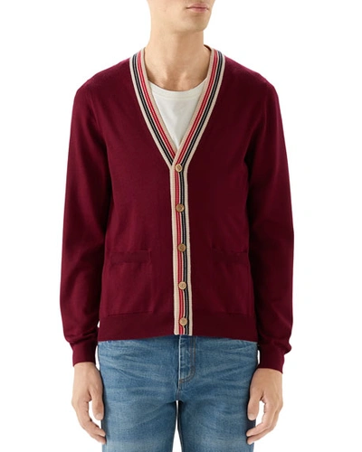 Gucci Men's Wool Cardigan Sweater W/ Stripes In Red