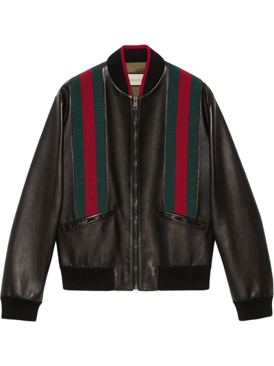 Gucci Men's Web-striped Leather Bomber Jacket In Black