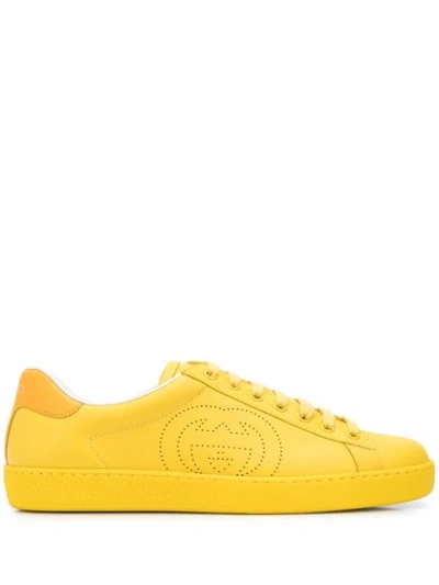 Gucci Men's New Ace Perforated Gg Leather Sneakers In Yellow
