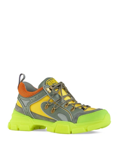Gucci Men's Flashtrek Mixed-media Neon Lug-sole Sneakers In Yellow