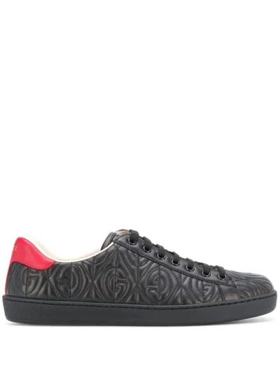 Gucci Men's Ace Rhombus Stitched Gg Leather Sneakers In Black
