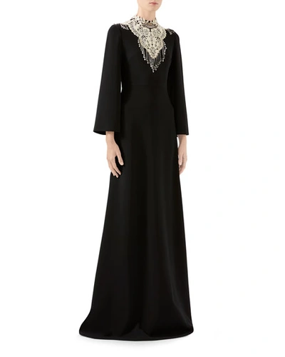 Gucci 3/4-sleeve Bejeweled High-neck Gown In Black